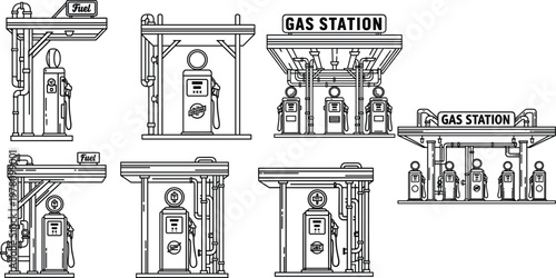 Gas Station Icon Set with Fuel Pump Illustrations, Minimalist Gasoline Station Symbols for Websites, Apps, and Digital Media Designs
