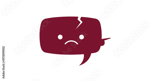 Sad speech bubble, broken chat icon, maroon emoticon, cracked dialogue symbol