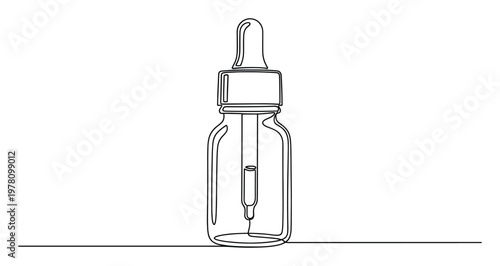 Continuous line drawing of a cosmetic or medical dropper bottle, perfect for beauty product packaging, healthcare concepts, pharmaceutical branding, or wellness advertisements