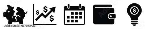 Financial planning and economic management icons including savings, investment growth, monthly budget, spending wallet, and innovative money ideas for business strategy presentations