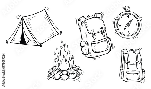Outdoor adventure essentials collection featuring camping tent campfire backpacks and a compass perfect for travel hiking exploration themed designs and seasonal promotions