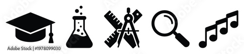 Essential academic symbols covering diverse fields of study such as graduation, scientific inquiry, mathematical precision, insightful research, and music, ideal for educational content and