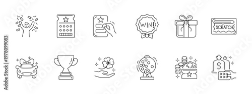 Loyalty program set icon. Celebration, rating card, feedback tap, winner badge, gift box, scratch ticket, prize car, trophy cup, lucky clover, lottery drum, bonus points, jackpot reward.