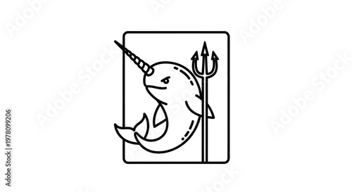 Playful Narwhal with Trident Icon, Mythical Sea Creature, Vector Art