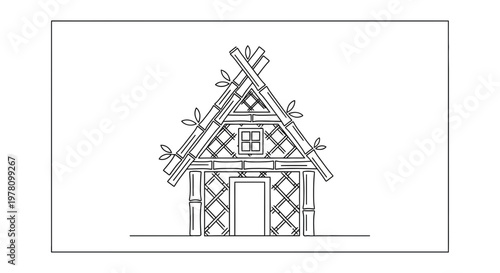 Hand-drawn Bamboo Hut with Thatched Roof and Window