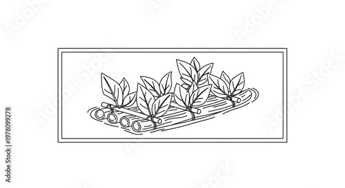 Hand-drawn bamboo raft with green leaves, simple line art, travel and nature concept