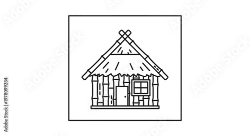 Hand-drawn bamboo hut with thatched roof, rustic dwelling, simple shelter, tropical style