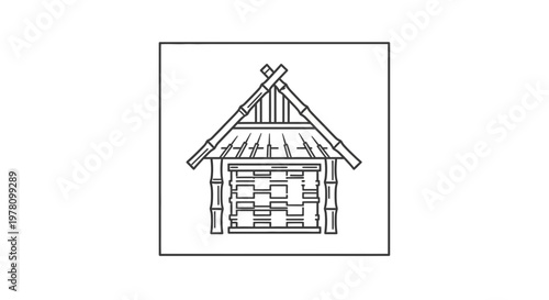 Hand-drawn bamboo hut icon, simple line art, tropical shelter, minimalist design
