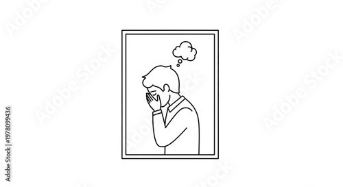 Man distressed, covering face, thought bubble with cloud, mental health, stress, anxiety, sadness