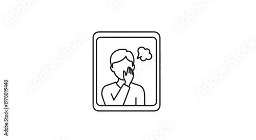 Man covering mouth in thought bubble, illustration of thinking, idea, or worry