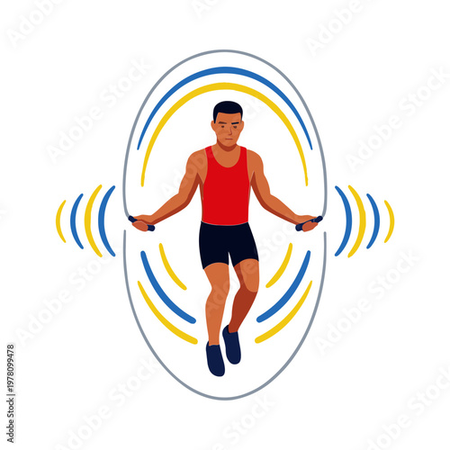 Man jumping rope in gym with fitness equipment and blue and yellow arcs