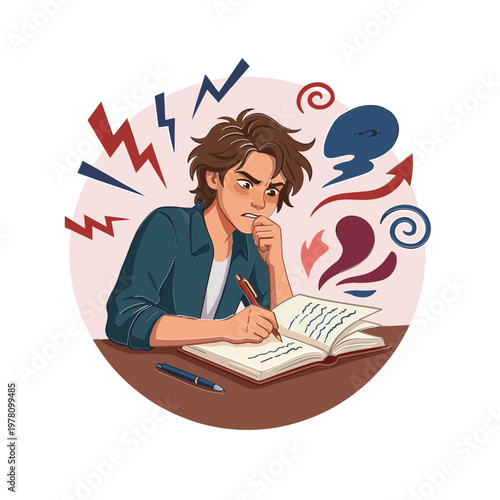 A frustrated man studies at a desk surrounded by swirling symbols of emotions and stress.