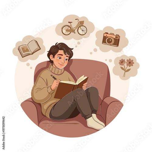 A young man sits on a chair thinking about hobbies while reading a book with a bicycle camera and flower in his thoughts.