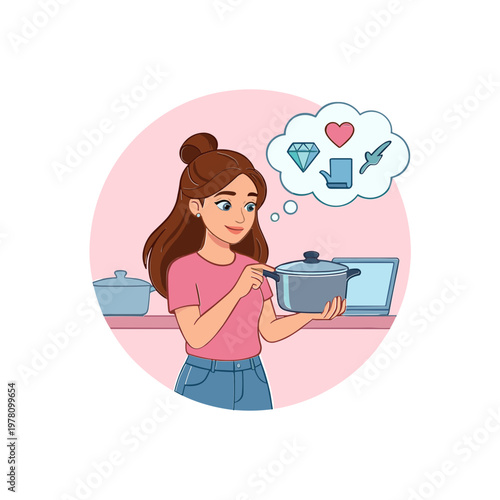 Woman holding pot with dream of jewelry and heart above head in kitchen