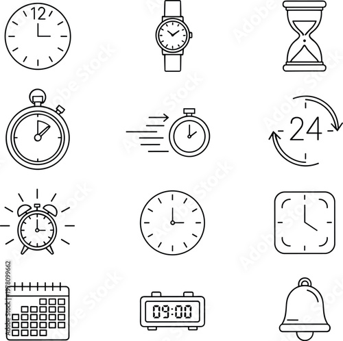 Time icon set, clock outline symbol, calendar and alarm illustration, stopwatch graphic design, scheduling element artwork, productivity resource