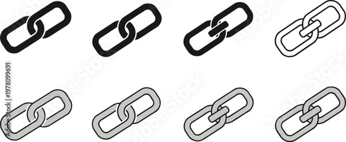 Chain link icon set, connection outline symbol, hyperlink design element, interlocking link graphic, relationship illustration artwork