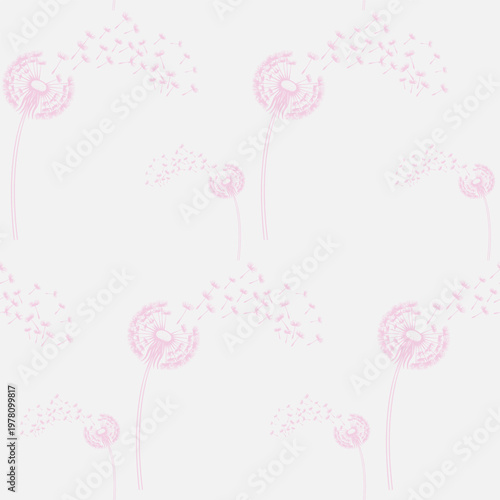 Pink dandelion seamless pattern with flying seeds on white