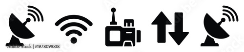 Collection of communication and signal transmission icons including satellite dishes, WiFi, walkietalkie, and data transfer arrows, useful for technology interfaces, digital applications,
