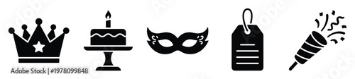 Comprehensive collection of festive celebration and event icons featuring a majestic crown, delightful birthday cake, elegant masquerade mask, practical gift tag, and exciting party popper.
