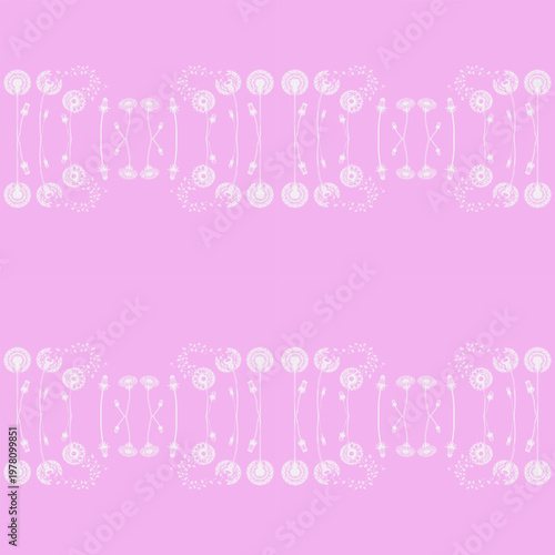 White floral ornament rows seamless pattern on pink