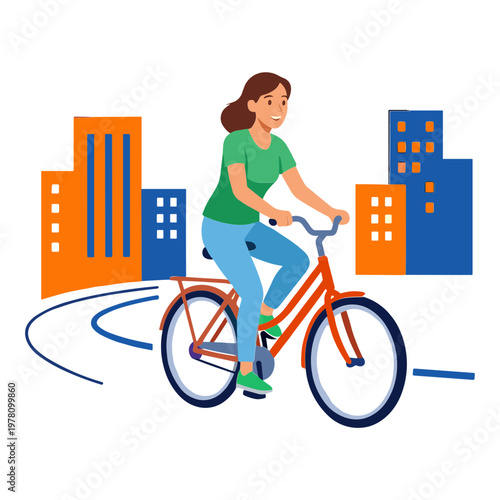 A woman rides a bicycle through a city with buildings nearby.
