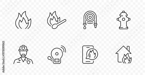 Fire safety set icon. Flame, match fire, hose, hydrant, firefighter, alarm siren, warning document, burning house, emergency response