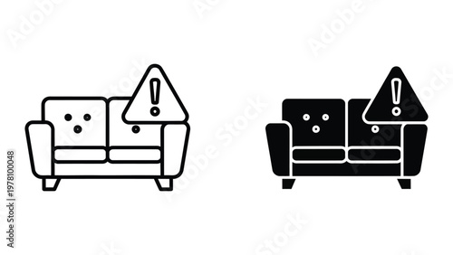 Comparison of a light-colored and a dark-colored sofa with warning symbols