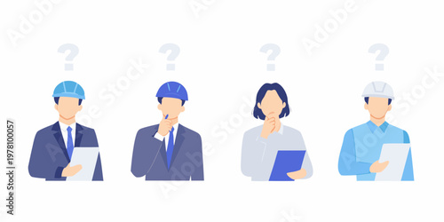 Diverse professionals pondering with question marks above their heads