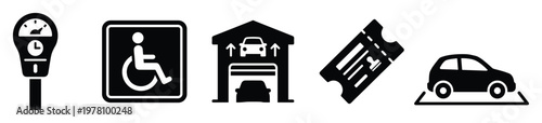 A comprehensive collection of essential parking related graphic symbols and signs depicting parking meters, disabled spots, garages, tickets, and parked vehicles for various transportation