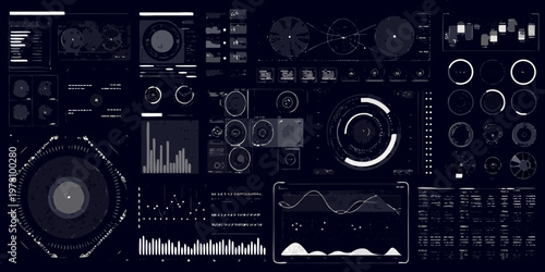 Complex digital interface displaying data visualizations and futuristic technology