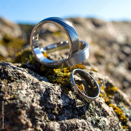 Wedding Rings on Mossy Rock in Nature.