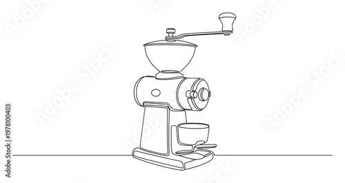 Continuous line drawing of a vintage coffee grinder with a hand crank, perfect for cafe menu designs, packaging, coffee shop branding, or kitchen decor projects