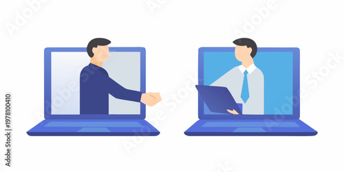 Two people shaking hands through laptop screens in a virtual meeting