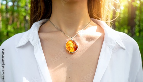 Woman wearing a beautiful amber pendant necklace in natural sunlight, showcasing elegant jewelry and a classic white shirt outdoors.