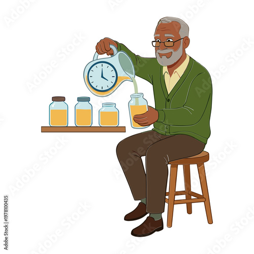 An elderly man pours juice from a jug into a glass while sitting on a stool indoors.