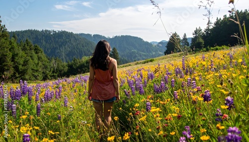 Woman walking through a vibrant field of wildflowers with mountains in the background.