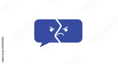 Angry speech bubble, broken dialogue, conflict icon, blue vector symbol, emotional expression