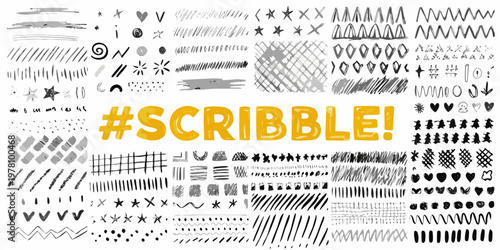 Collection of hand drawn scribbles doodles and the word scribble