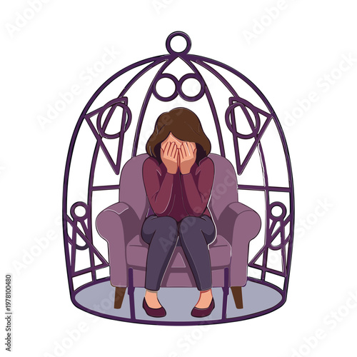 Woman sits alone in chair inside large decorative birdcage covering face with hands expressing sadness and isolation.