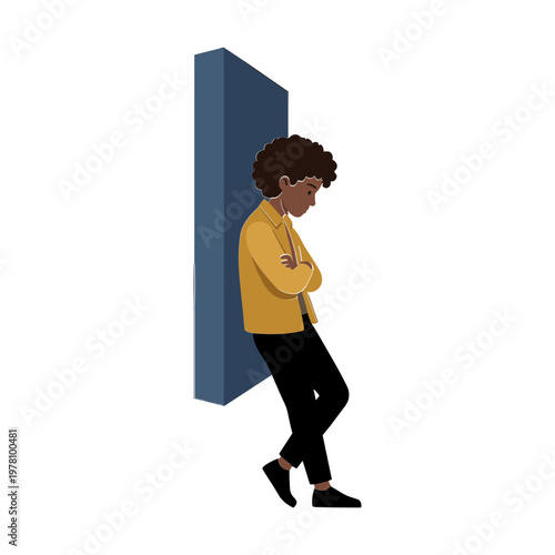 A man leans against a wall with his arms crossed in a thoughtful posture.