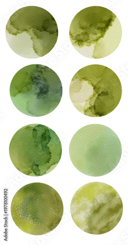 Green watercolor circle textures set on textured paper isolated PNG, abstract organic stains for design