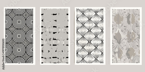 Four framed abstract patterned panels in grayscale tones displayed closely