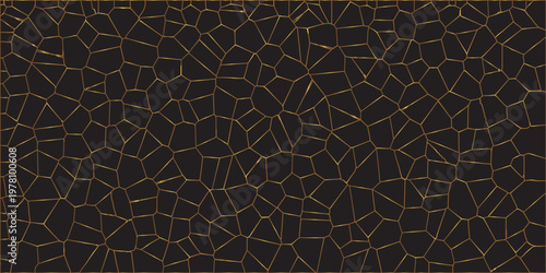 Abstract dark background of polygons in light golden gradient colors .Abstract mosaic background of triangle plates in black colors Geometric backlight decorative background for creative projects.