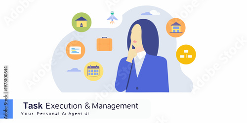 Woman contemplates work life balance with icons representing tasks and home