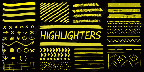 A collection of yellow highlighter marks doodles and the word highlighters