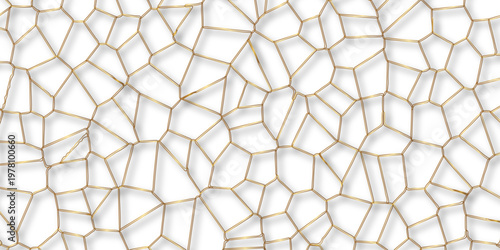 Golden gradient lines stroke abstract white crystalized broken glass background with shadows. Voronoi diagram background. abstract desktop texture design digital art wallpaper, vector illustration.	