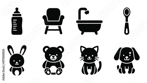 A collection of simple black glyph icons representing baby items furniture bath and various animal figures high quality professional detailed modern