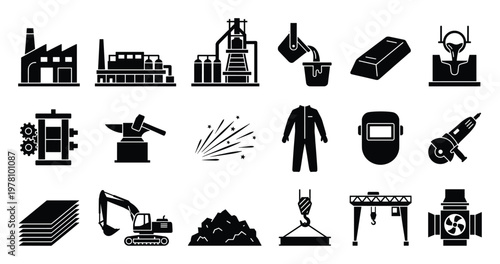 Comprehensive collection of industrial icons representing metallurgy processes, manufacturing facilities, heavy machinery, metalworking tools, and worker safety equipment for business and