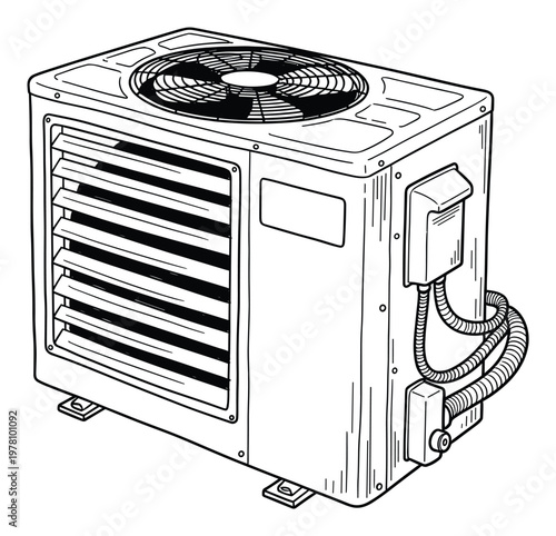 Outdoor air conditioning unit line art sketch depicting an HVAC condenser with fan and electrical components, suitable for home renovation, technical manuals, or energy efficiency concepts.