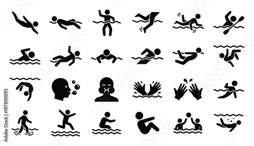 Collection of swimming and water sport activity icons depicting various actions like diving, floating, and splashing for graphic design and application interfaces